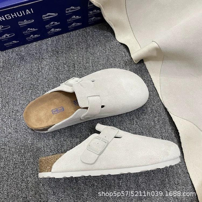 EVELLYHOOTD Women Men round Toe Cork Footbed Clogs Fashion Suede Shoes Slide Outdoor Slippers with Strap Adjustable Flat Buckle Clogs Retro Fashion Walking Shoes Slippers【Size down IF SMALL FEET】